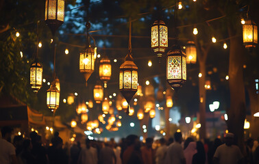 Ramadan lanterns hanging above a crowd, illuminated by Ramadan Amadan Charity's spirit, with echoing Ramadan Ramadan Dua. 