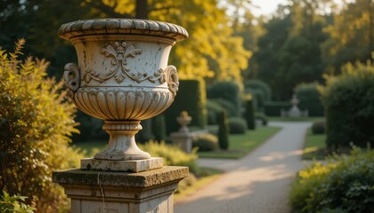 Ornate Stone Urn on Pedestal in a Serene Garden Path