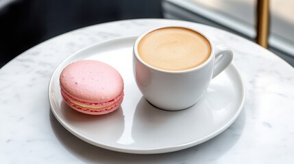 A stylish Parisian caf&Atilde;&copy; table with an espresso and a delicate macaron, romantic and charming