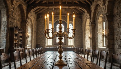 Obraz premium Antique Brass Candelabra with Lit Candles on a Wooden Table in a Medieval Hall