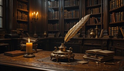 Elegant Golden Quill Pen on Antique Desk in Classic Library with Books and Candles