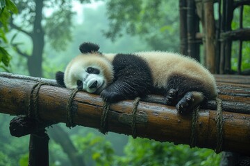 Obraz premium A panda sleeping on the branch of an old tree, surrounded by lush greenery and tall trees