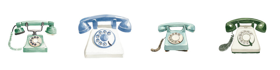 A classic and nostalgic design is showcased in this watercolor illustration of a vintage rotary dial telephone, which includes a coiled cord and is isolated on a transparent background in png