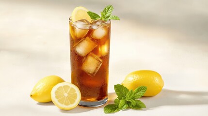 Fototapeta premium Tall Glass Of Iced Tea With Fresh Lemon And Mint