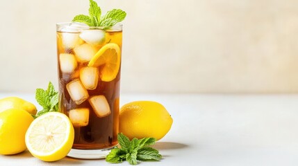 Fototapeta premium Chilled Glass Of Iced Tea With Lemon And Mint Garnish.