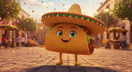 Cartoon Taco Character Celebrating with Confetti in a Town Square Animation