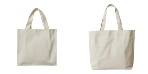 A beige canvas tote bag, complete with long handles for carrying daily essentials, is presented on a white background and can also be found isolated on a transparent background in png