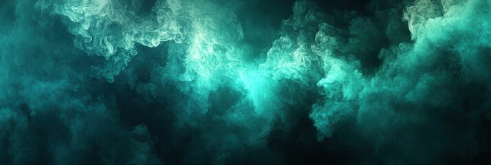 Fototapeta premium Smoke Wisps. Green Hazy Fog on Black Background with Light Blue Cloudy Texture