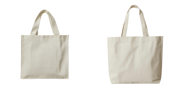 A beige canvas tote bag, complete with long handles for carrying daily essentials, is presented on a white background and can also be found isolated on a transparent background in png