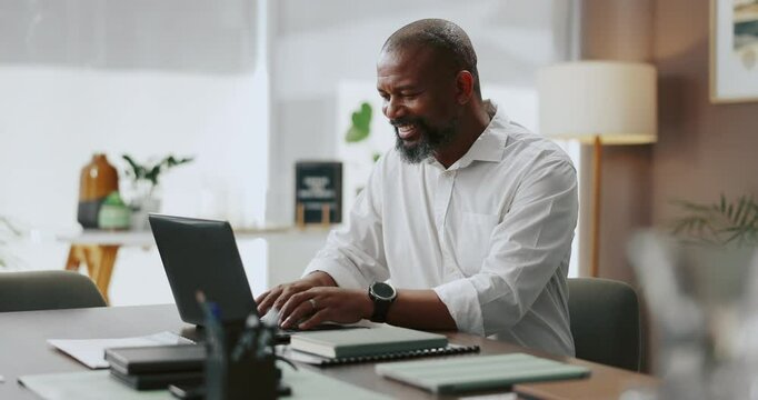 Office, happy and business black man on laptop for online planning, proposal and research. Professional, company consultant and person on computer for project management, report and typing email