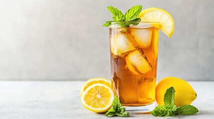 Fototapeta premium Chilled Lemon Iced Tea With Mint In Tall Glass Cup