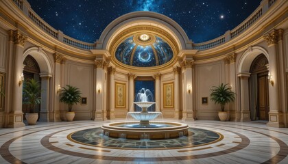 Obraz premium Grand Mansion Interior Design Elegant Fountain and Starry Dome Ceiling
