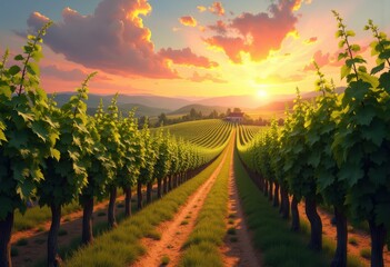 Naklejka premium lush rows green grapevines under vibrant sunset sky golden pink hues scenic vineyard landscape, grapes, nature, fields, light, spring, harvest, sunlight, flora