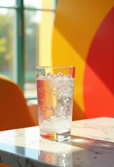 crystal clear water glass bright colorful background refreshing style perfect modern decor culinary presentation, beverage, drinkware, hydration, liquid