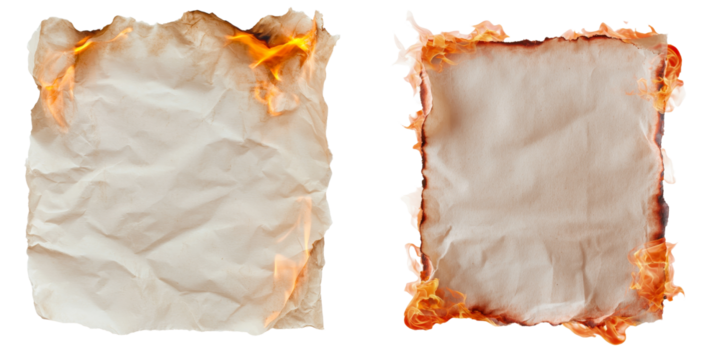 An image of old, burnt paper with frayed edges and cracks is displayed, evoking a vintage, classic sensation fitting for backgrounds or historical topics, isolated against a transparent background in