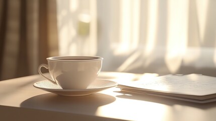 Minimalist desk scene with a cup of coffee and a notebook, bathed in gentle morning sunlight, creating soft reflections and a peaceful, focused atmosphere for a productive start to the day.