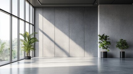 Sleek modern grey wall in a spacious office interior adorned with plants and featuring large windows in a 3D rendering.