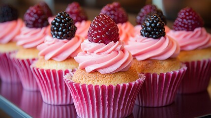 Delicious cupcakes topped with pink frosting and fresh blackberries.