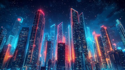 Fototapeta premium Neon Cityscape at Night, Glowing Towers