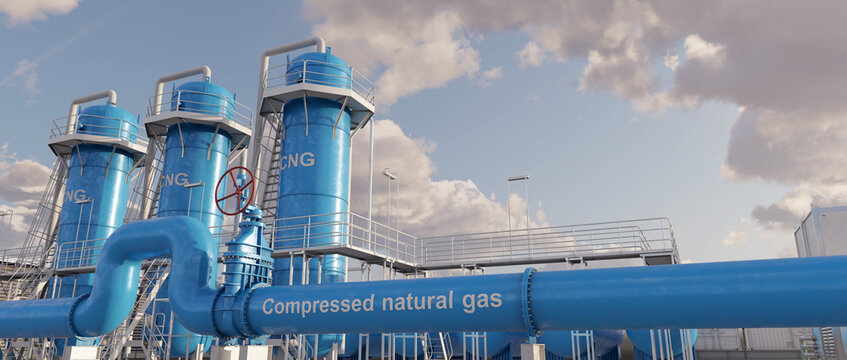 CNG plant designed to compress, store, and distribute natural gas. 3D illustration