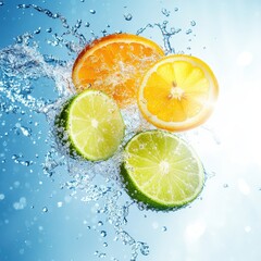 Four Citrus Slices In Water Against Sunny Backdrop.