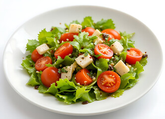 close up salad with tomatoes, on white background