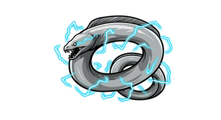 A stylized electric eel forming an infinity loop with blue lightning effects.