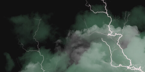 Thunder, lightnings and rain on a stormy summer night in black and white. Lightning bolts in the sky at night. Different lightning bolts isolating on black.  Bright light flare and sparks .
