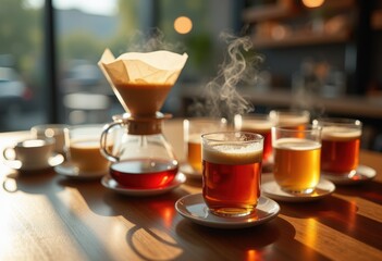 exquisite crafted brews displayed sleek minimalist glassware featuring modern aesthetics intricate brewing techniques, artisan, beverage, design, elegance