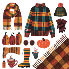 Festive autumn vector illustration featuring cozy sweater, pumpkins, seasonal accessories fall atmosphere