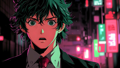 Anime character in urban night scene