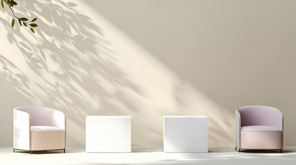 Two Beige Chairs With White Cushions And White Square Tables In A Bright Room With Soft Sunlight And Leaf Shadows On A Beige Wall Minimalist Interior Design