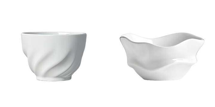 A unique wavy design adorns this white ceramic bowl, rendering it perfect for modern decor or as a fashionable serving piece that elevates the aesthetic of contemporary interiors, isolated on a