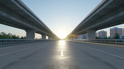 Futuristic highway overpass supported by massive concrete beams, modern urban transportation infrastructure