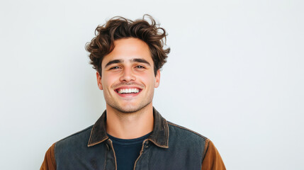 smiling young man with curly hair wearing denim jacket against light background.