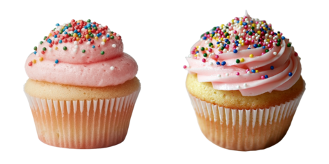 Vanilla cupcake with a generous helping of pink frosting and a variety of colorful sprinkles, demonstrating a soft and airy texture, paired with a bright and cheerful decoration, isolated on a