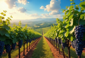 Naklejka premium breathtaking vineyard landscape featuring lush green vines adorned plump ripe grape clusters under bright blue sky, abundant, agriculture, backdrop