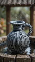 Grey Rope Decorated Water Jug in Garden Setting with Water Droplets