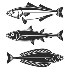 Stylized Black Silhouettes of Barracuda, Halibut, Anchovy, and Flounder