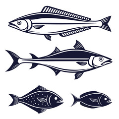 Fototapeta premium Silhouette Pack of Barracuda, Halibut, Anchovy, and Flounder Fish