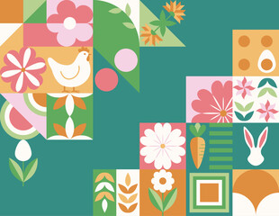 Wielkanocny zielony baner z mozaiką z świątecznymi symbolami. Wiosenny geometryczny wzór z królikiem, jajkami i kwiatami. © Monika