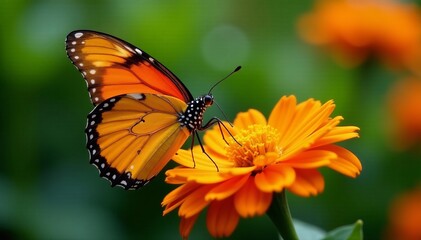 Fototapeta premium Close-up of a beautiful butterfly feeding on nectar from an orange blossom in garden, garden, orange flower