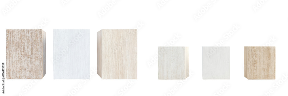 Poster natural and modern elements merge in hexagonal wood and white display blocks, suitable for product d