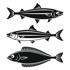 Fototapeta premium Sea Life Silhouette Set with Barracuda, Halibut, Anchovy, and Flounder
