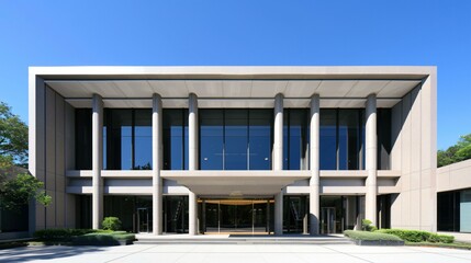 Monumental brutalist facade with deep-set concrete beams, powerful modernist design, imposing urban architecture
