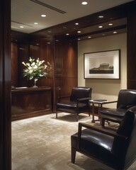 Fototapeta premium Elegant Office Reception Area with Comfortable Chairs and Artwork