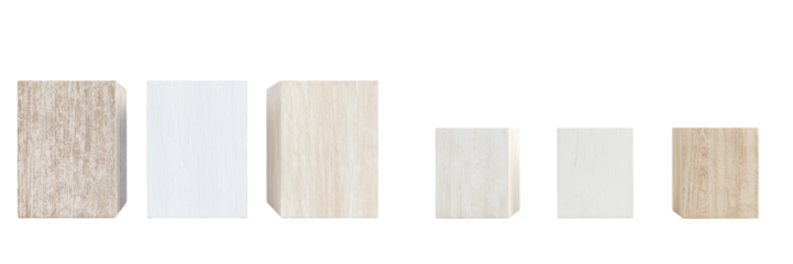 Natural and modern elements merge in hexagonal wood and white display blocks, suitable for product displays or interior design arrangements, set against a transparent background as a png