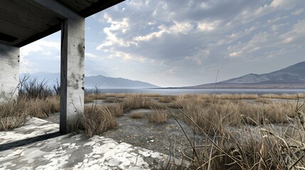 Fototapeta premium Post-apocalyptic brutalist megastructure, decaying concrete beams, abandoned urban environment
