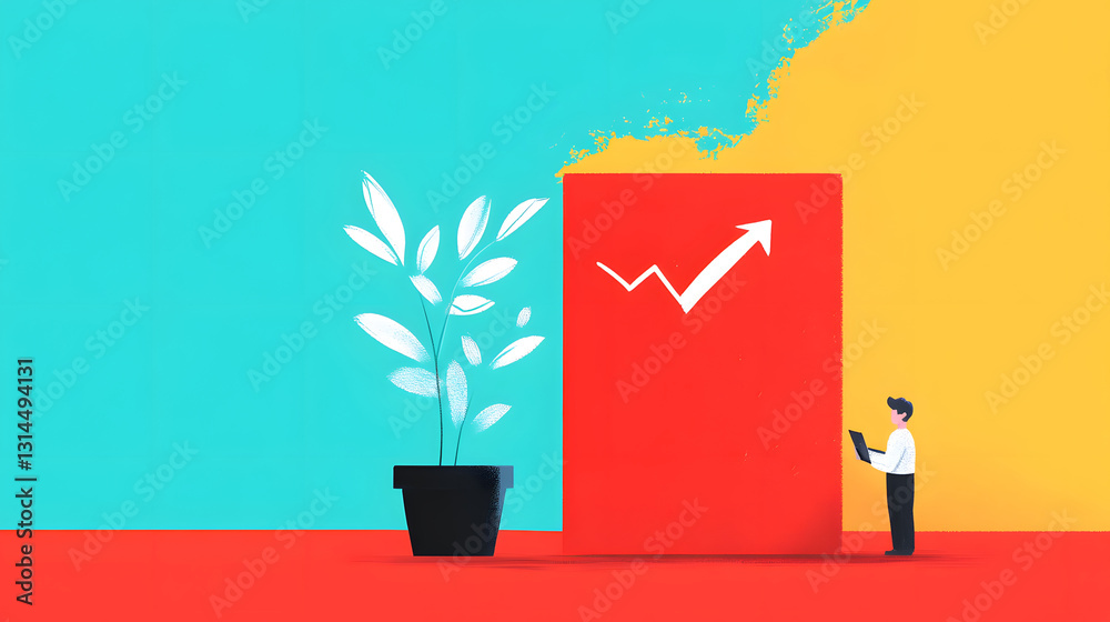 Poster growth concept with a plant next to a rising graph on a colorful background