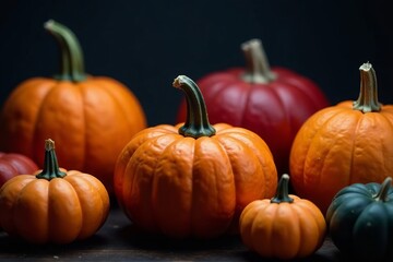 Obraz premium Close-up of a colorful arrangement of Halloween pumpkins against a dark background, festive, dark